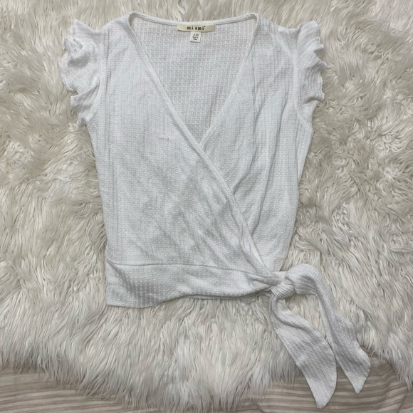 miami | Wrap Front Surplice V Neck Ruffle Cap Sleeve Waffle Knit Blouse - Picture 4 of 12